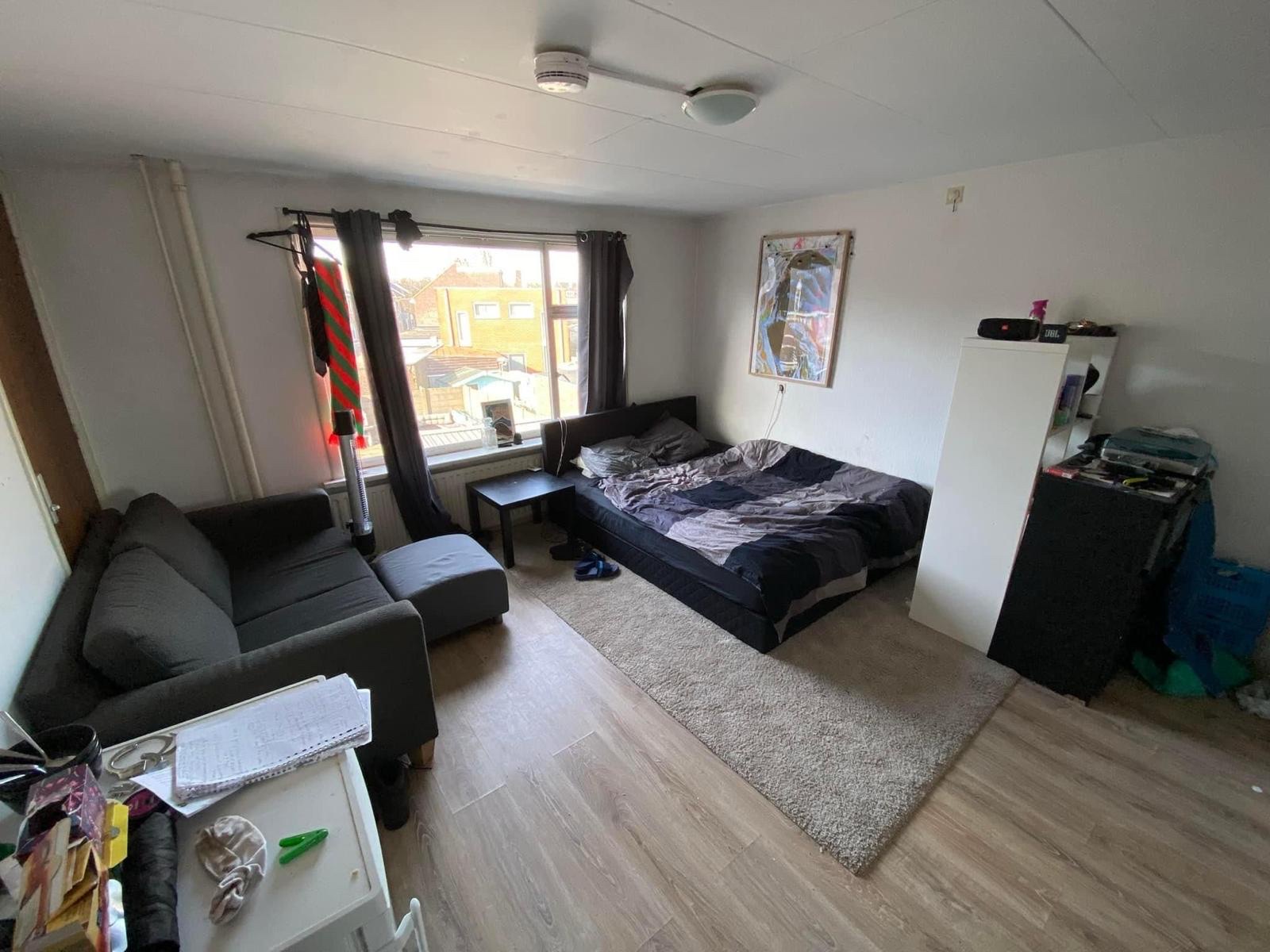 Een kamer met bed, grijze bank en groot raam