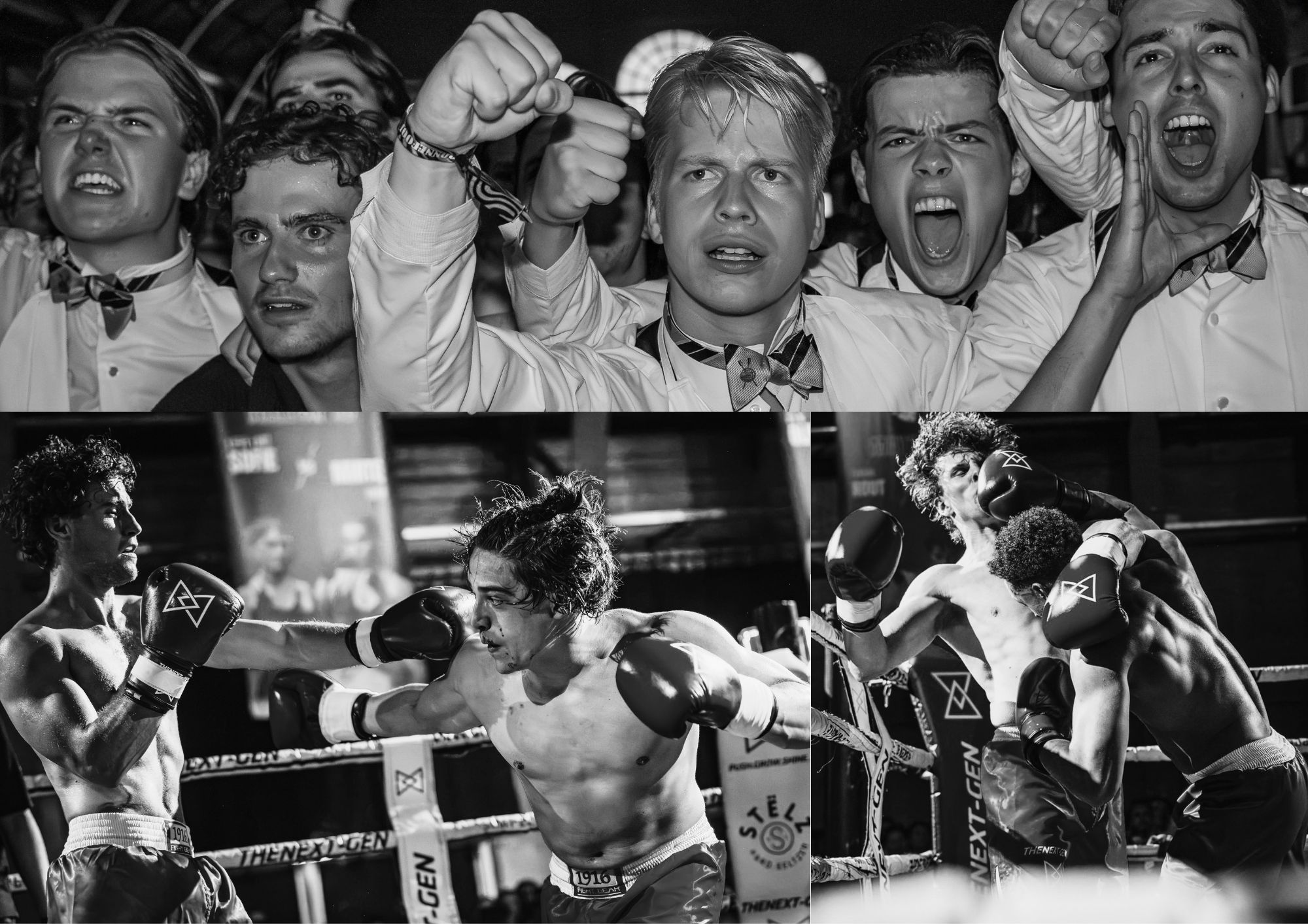 Zwart-witcollage van P.E.B.-leden bij het boksgala, met publiek en boksers in de ring